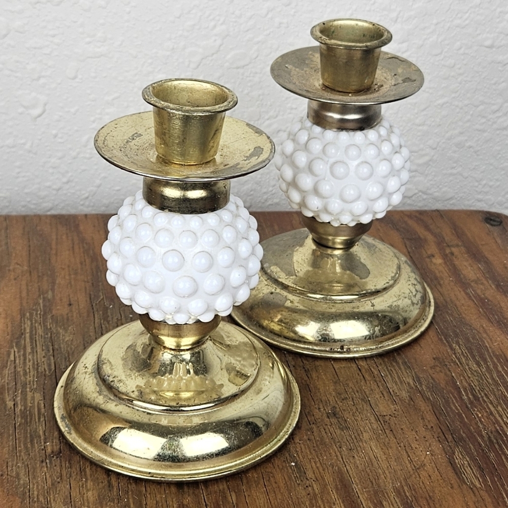 Set of Two Vintage Midcentury Brass Hobnail Candleholders